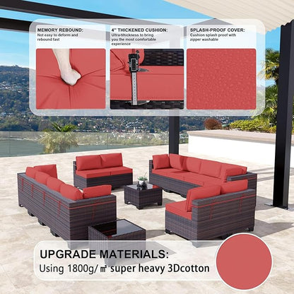 Kullavik 14 Pieces Outdoor Patio Furniture Set PE Wicker Rattan Sectional Sofa Patio Conversation Sets,Red