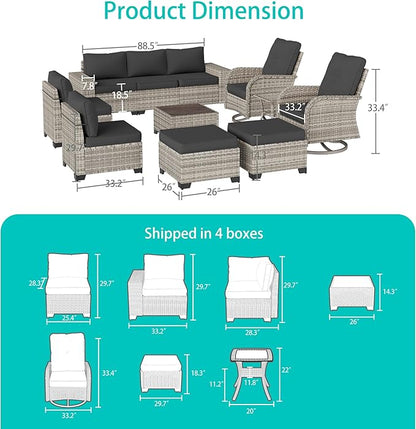 11-Piece Outdoor Patio Furniture Set with Rocking Swivel Chair Wicker Sectional Sofa Set, Patio Conversation Set with Ottomans & Coffee Table for Garden, Backyard, Poolside, Dark Grey