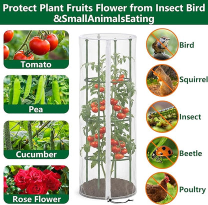 2 Pcs Garden Bird Netting Cover for Round Tomato Cage, 59" x 18" Tomato Trellis Insect Barrier Protection Mesh, Plant Cage Garden Net Cover with Zipper for Vertical Climbing Plants Vegetables Fruits