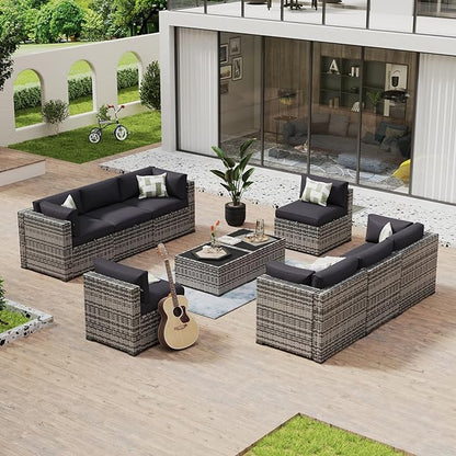 Aoxun 10 Piece Patio Furniture Set Wicker Rattan Patio Conversation Set Outdoor Sectional Sofa Set with Coffee Table and Thickened Cushions, Gray/Black(Waterproof Cover Included)
