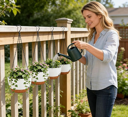 Set of 4-8 Inch Self Watering Hanging Planters for Indoor Outdoor，Hanging Plant Pots with Drainage & Removable Tray, Hanging Pots Holder for Ivy, Pothos, Ferns, Balcony & Patio, White Brown