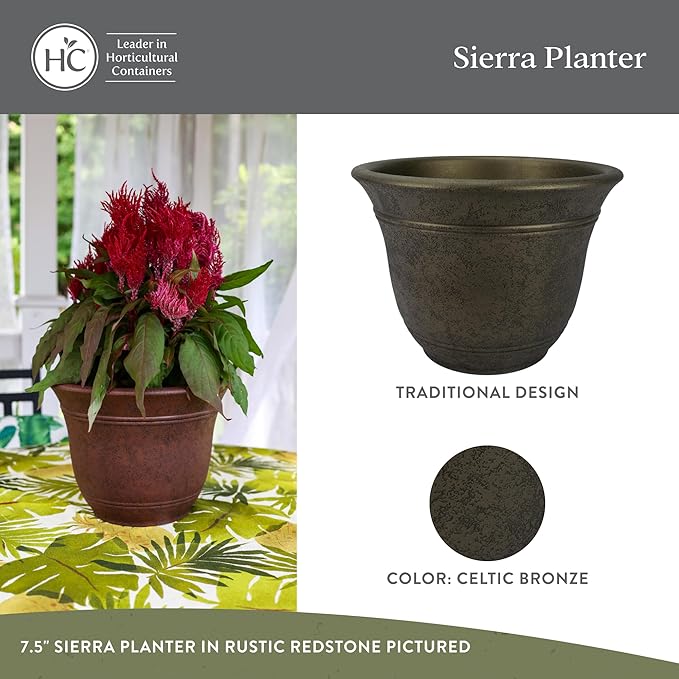 The HC Companies Sierra Round Self-Watering Pot - Lightweight Plastic Planter for Herbs & More - Durable Plant Pots for Indoor Plants & Outdoor Plants (16” Celtic Bronze, Pack of 2)