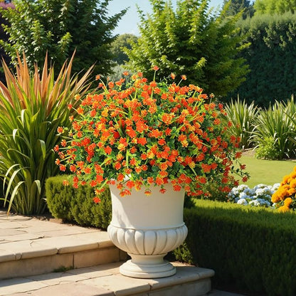 20 Bundles Artificial Flowers for Outdoors Fake Plastic Flowers UV Resistant Realistic Faux Plants Shrubs for Spring Summer Garden Porch Yard Patio Planter Window Box Home Decor, Orange