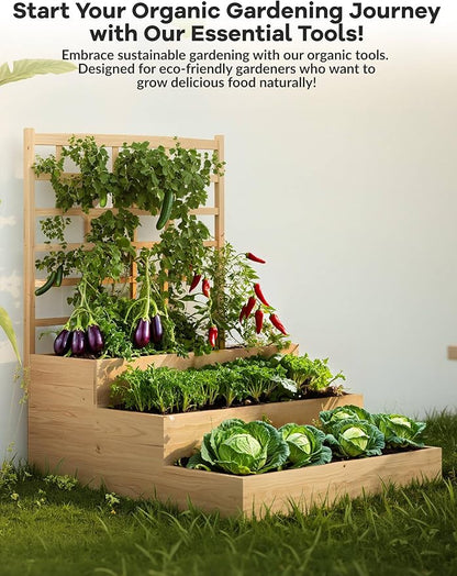 3-Tier Elevated Garden Planter, Wooden Vertical Raised Bed with Trellis & Drainage Base – Ideal for Climbing Plants, Flowers, Herbs, Vegetables – Outdoor Planter Box for Patio, Yard, or Lawn