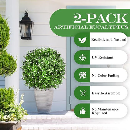 Artificial Topiary Bushes for Outdoors with Spike, Boxwood Ball Fake Shrubs UV Resistant Faux Plants for Indoor Outdoor Fall Thanksgiving Halloween Decor (Gypsophila Boxwood White-2 Packs)