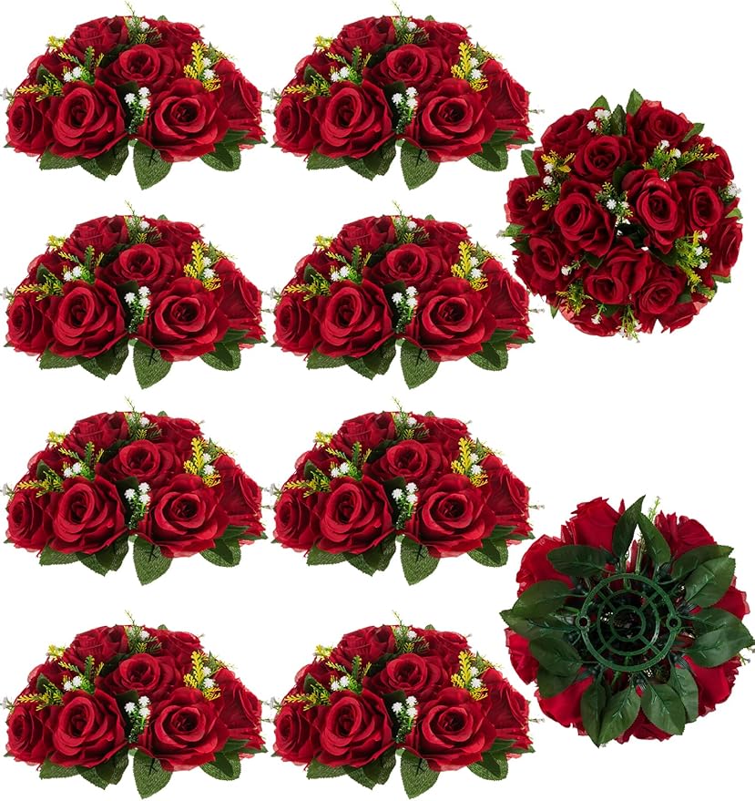 Artificial Flower Ball Centerpieces, Crimson Faux Silk Roses, 9.5 Inch