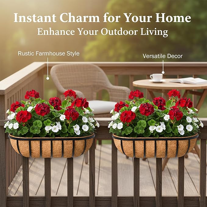24“ Window Box Railing Planter with Coco Liner Metal Wall-Mounted Coconut Liner Planter Basket English Horse Trough Planters for Outdoor Deck Balcony Porch Fence Patio Black (2 Pack)