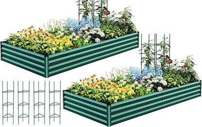 Quictent Galvanized Raised Garden Bed 8x4x1 Ft Metal Planter Box for Vegetables Bottomless for Backyard, 2 Tomato Cages Included, Green 2PCS