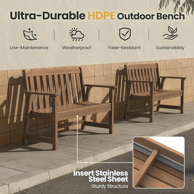 Ciokea 49" Heavy Duty Outdoor Bench Set of 2, HDPE Weatherproof Garden Bench, 2-Person Memorial Benches with 660 Lbs, Waterproof Patio Porch Benches for Outside Business Deck Office Backyard, Teak