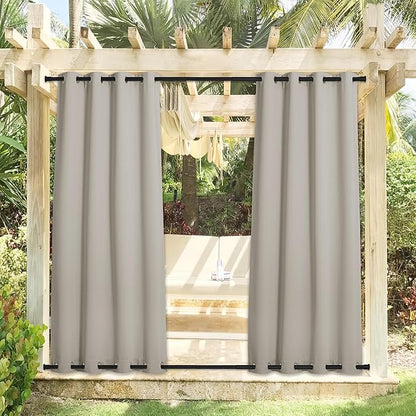 NICETOWN 2 Panels Outdoor Curtains for Patio Waterproof 108 inches Long, Windproof Thermal Insulated Top & Bottom Grommet Blackout Outdoor Drapes Cold & Heat Blocking for Porch, Natural, W52 x L108