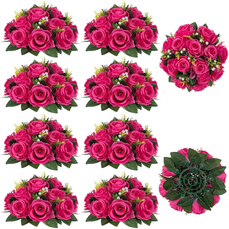 Artificial Flower Balls, Hot Pink Silk Roses, 10 Pack