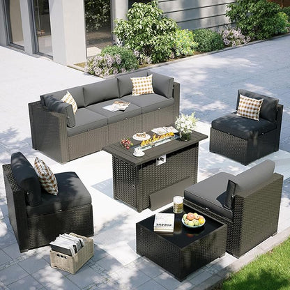 Aoxun Patio Furniture Set with Fire Pit Table, 8 Piece Outdoor Sectional Sofas, Wicker Rattan Outdoor Furniture with Thickened Cushion for Backyard, Garden Dark Grey