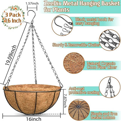 ZeeDix 3 Pack 16 Inch Large Hanging Baskets for Plants Outdoor with Coconut Liners Replacement, Hanging planters Baskets with Natural Coco Liner for Outdoor Indoor Planters Flowers Vegetables