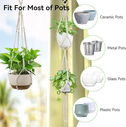 USLAI Macrame Plant Hanger Indoor Outdoor, Fits 4 to 15 Inch Pots, Strong Hanging Planter Holder, Boho Home Decor, 49+35 Inch, Ivory (POTS NOT Included)