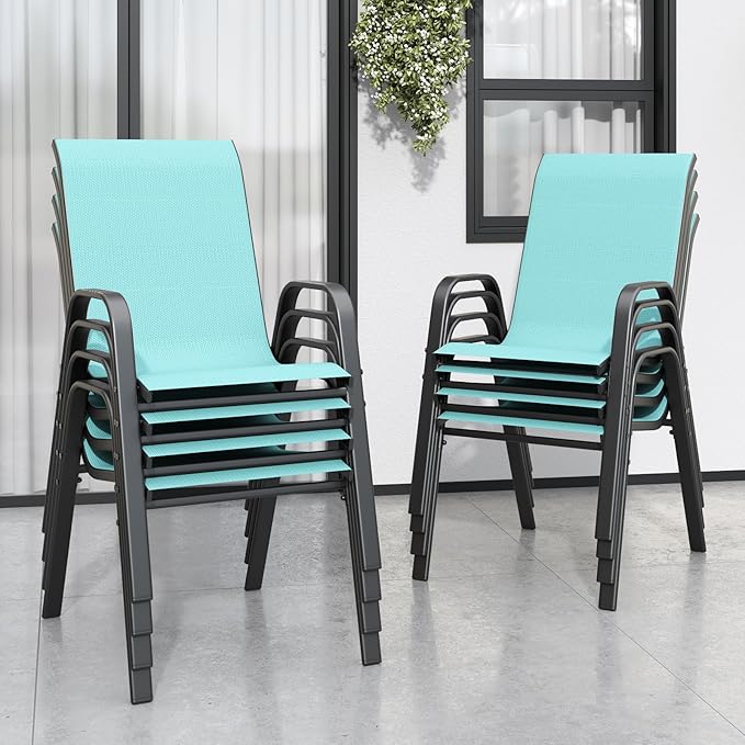 Patio Dining Chairs, Set of 8 Stackable Textilene Mesh in Light Blue