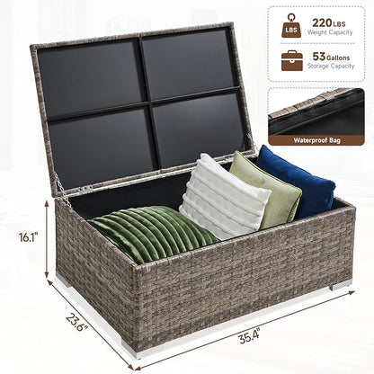 ONBRILL Outdoor Coffee Table with Storage, Rattan Storage Coffee Table with Internal Waterproof Bag, Low Side Table for Patio, Porch, Backyard, Poolside - Brown