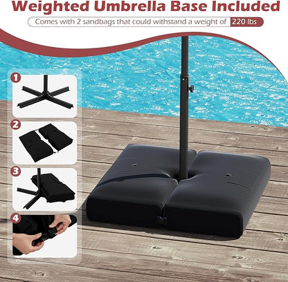 Tangkula 10ft Solar LED Patio Umbrella with Base, Offset Cantilever Outdoor Umbrella with 32 LED Lights, Infinite Tilt, 360 Degree Rotation, Crank Handle for Pool Deck Garden Backyard (Wine)