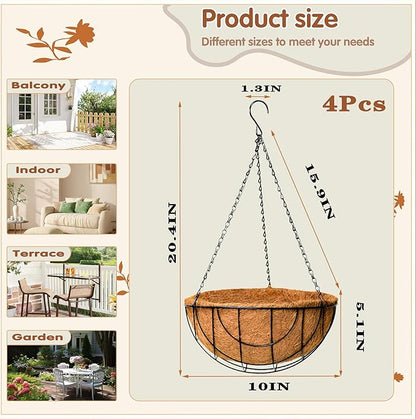 Metal Hanging Baskets for Plants Outdoor 4 Pack Round Metal Wire Hanging Basket Planter (Grid, 10 Inch)