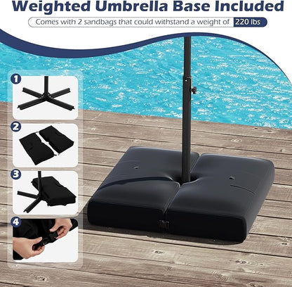 Tangkula 10ft Solar LED Patio Umbrella with Base, Offset Cantilever Outdoor Umbrella with 32 LED Lights, Infinite Tilt, 360 Degree Rotation, Crank Handle for Pool Deck Garden Backyard (Navy)
