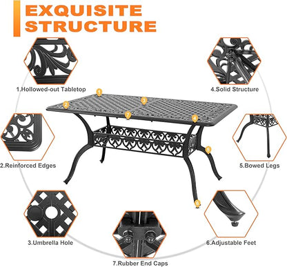 NUU GARDEN 60" Outdoor Dining Table with 2.09" Umbrella Hole, All Weather Cast Aluminum Outdoor Patio Table, 6-8 Person Rectangle Dining Table, Backyard Bistro Table for Garden, Poolside, Black