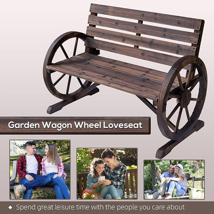 Outsunny 41" Wooden Wagon Wheel Bench, Rustic Outdoor Patio Weather Resistance Furniture, 2-Person Slatted Seat Bench with Backrest, Carbonized