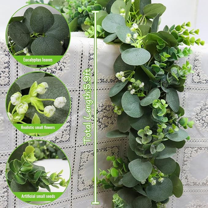 Artificial Eucalyptus Garland, 2 Pack, 5.9 Ft Green Faux Greenery Vine