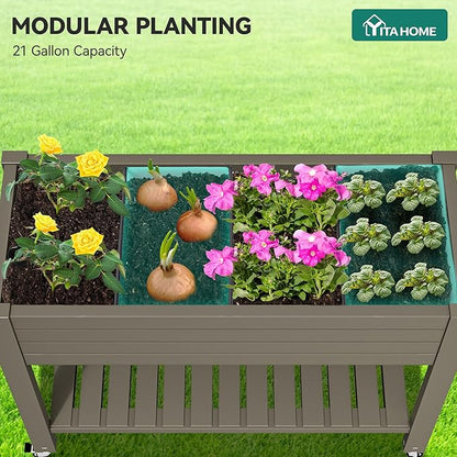 YITAHOME 43.3x17.7x34 in Elevated Garden Bed 2pcs, Outdoor Plastic Planter Box with Wheels, Legs, Drain Plug, and Storage Shelf for Plants, Vegetables, Flowers, Herbs, Light Brown