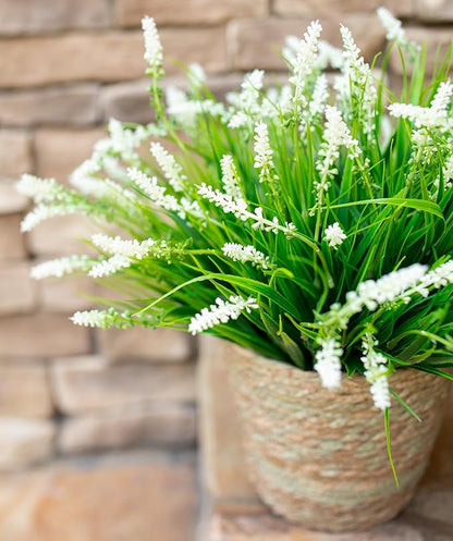 Artificial Fake Outdoor Plants Flowers for Summer Decoration,10 Bundles Faux Plastic Tall Monkey Grass Greenery UV Resistant Realistic for Home Outside Planter Window Porch Patio Garden-White