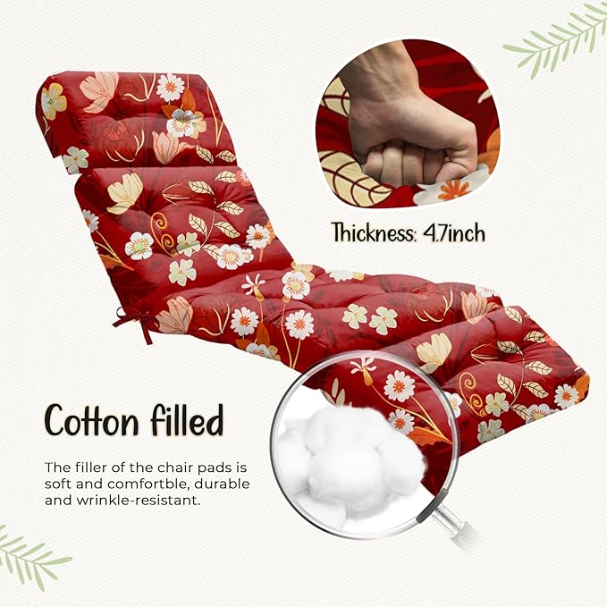 4 Pack Outdoor Chaise Lounge Chair Cushion 75.1 x 22.8 x 4.7 Inches 100% Waterproof Replacement Cotton Patio Pool Lounge Chair Cushion for Outdoor Furniture with Ties, Red Peony