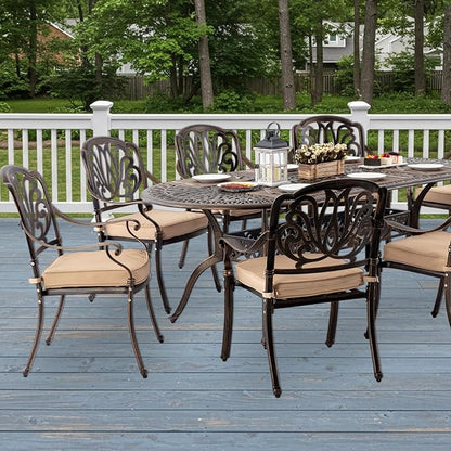 9-Piece Cast Aluminum Patio Furniture, Outdoor Dining Sets for 8 Include 87" Oval Patio Dining Table and 8 Stackable Chairs with Cushions & Umbrella Hole (Bronze)