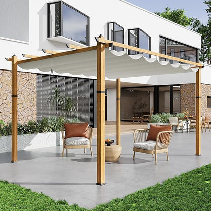 10 x 13 ft Aluminum Pergola with Adjustable Canopy, Outdoor Metal Pergola, Imitation Wood-Grain Sun Shade Shelter for Garden Patio Backyard Deck