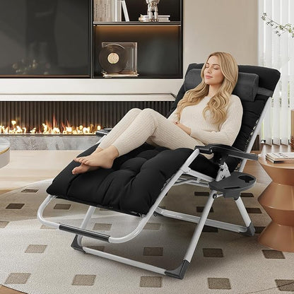 VINGLI 29" Padded Zero Gravity Chair, Lounge Chair with Removable Cushion & Tray， Folding Reclining Patio Chairs， Recliner Chair for Lawn，Indoor Outdoor-Black