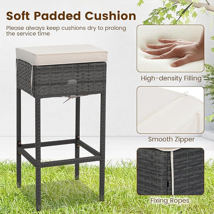 Tangkula 5 Piece Outdoor Rattan Bar Set, Patio Bar Furniture with 4 Cushions Stools and Smooth Top Table with Hidden Storage Shelf, Outdoor Conversation Set for Poolside, Backyard, Lawn (Grey-White)