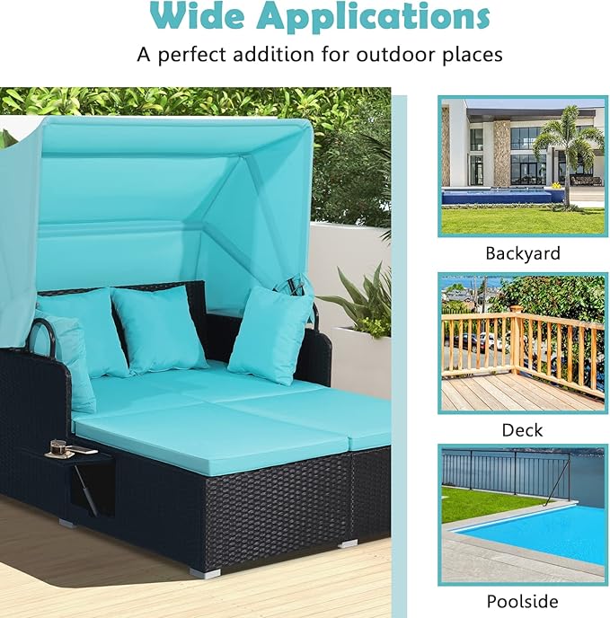 COSTWAY Outdoor Daybed with Retractable Canopy, Wicker Patio Furniture Set with Cushioned Pillows, Patio Rattan Daybed for Deck, Backyard, Poolside (Turquoise)