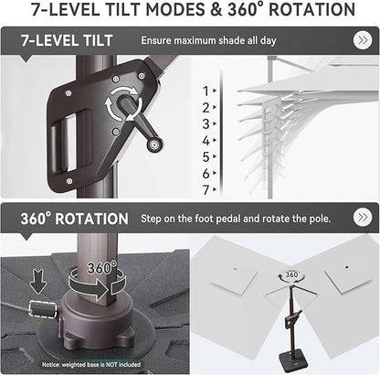 10 X 13 FT Cantilever Outdoor Patio Umbrella with Base Included Large Heavy Duty 360° Rotation Double Top Offset Rectangular Umbrellas with Led Lights for Backyard Outside Deck,Fog Grey