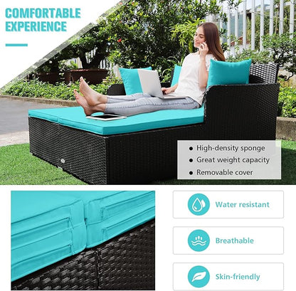 RELAX4LIFE Rattan Patio Outdoor Daybed, Wicker 2-Person Sunbed Loveseat with Soft Cushions, 4 Pillows, Curved Backrest & Armrest, Double Bed Lounger Sofa Set for Balcony Porch, Patio Bed (Turquoise)