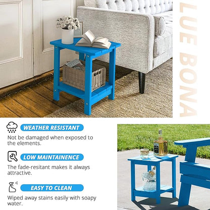 LUE BONA Adirondack Outdoor Side Table, 2-Tier Blue HDPS Patio End Table Weather Resistant, Morden Side Table for Patio, Pool, Porch