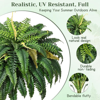 MARTINE MALL 48 inch Fake Ferns Artificial Ferns for Outdoors Look Real, 88 Branches Large Faux Boston Fern for Outdoor Planter Realistic UV Resistant Hanging Artificial Fake Plants for Porch Patio