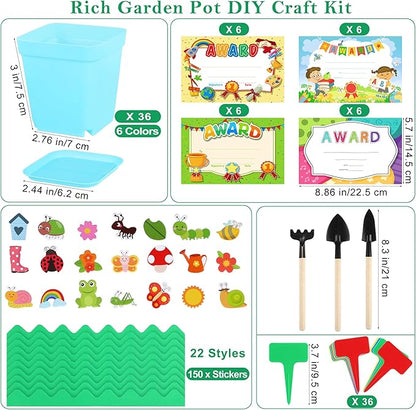 Elcoho 36 Set Garden Plastic Pot Craft Kit Plant Spring Craft Kits for Kids Flower Pots with 150 Foam Stickers 36 Labels 24 Certificate of Awards 3 Tools Planting Growing Kit for Kids, Mixed Colors