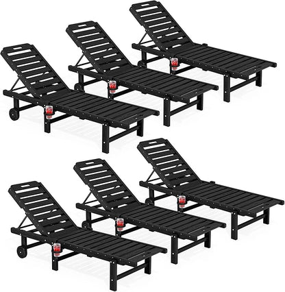 SERWALL Outdoor Chaise Lounge Set of 6, HDPE Pool Lounge Chair with 5-Position Adjustable Backrest, Patio Lounger with Rolling Wheels & Cup Holder for Pool, Black