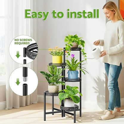 Plant Stand Indoor Outdoor, 5 Tier Corner Metal Flower Display Holder Shelf, Folding Tall Rack for Patio Balcony Porch Garden Living Room House, Heavy Duty Wrought Iron Plant Shelf- BlackWave