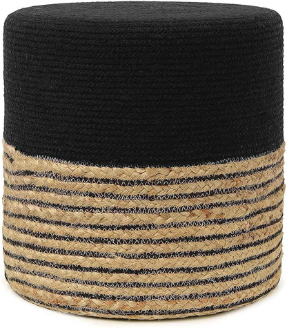 REDEARTH · Cylindrical Pouf Ottoman - Braided Pouffe Accent Sitting Round Footrest for Living Room, Bedroom, Nursery, kidsroom, Patio, Gym; 70% Cotton 30% Jute, (14.5X14.5X16; Black Natural)