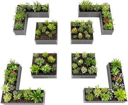 A ANLEOLIFE Set of 8,18 Inch Tall Quartz Grey Raised Garden Beds Kit, L-Shaped & Square Metal Planters –Ideal for Structured Backyard Layouts.