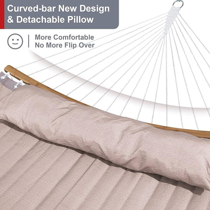 Double Hammock with 12 FT Stand, 2 Person Curved Bar Hammock with Stand, Pillow and Portable Carrying Bag, Heavy Duty 450lbs Capacity, Tan