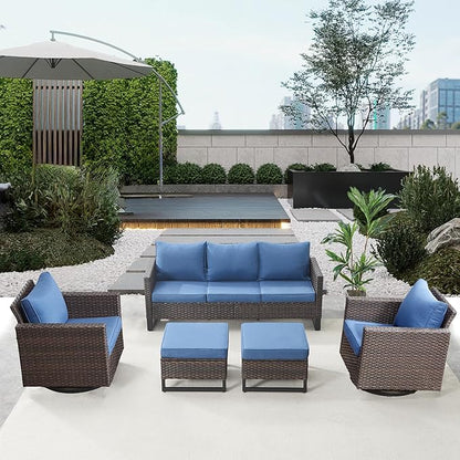 Belord Wicker Patio Furniture 5 Piece Outdoor Sofa Set, Oversize Outdoor Swivel Rocker Chairs with Rattan Ottomans, Conversation Sets Patio Furniture Come with Removable Cushion Blue, Anti-Rust Frame
