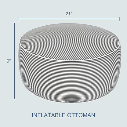 LVTXIII Indoor/Outdoor Inflatable Ottoman with Handle D21 x H9 Inch, Weather-Resistant Round Footstool Pouf for Patio Camping Living Room, Portable Footrest Extra Seating, Topanga Stripe Grey