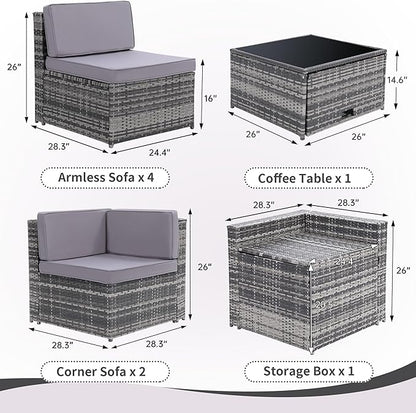 8-Piece Patio Furniture Set, Outdoor Wicker Rattan Sectional with Thick Cushions, Glass Top Table with Hidden Storage, Outdoor Conversation Set for Backyard, Porch, Patio, Light Grey