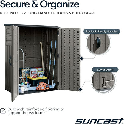 Suncast Outdoor Storage Cabinet Waterproof Resin Vertical Outdoor Storage Shed (54 cu. ft.) for Patio, Garden Tools, Cushions, & Equipment. Weatherproof Plastic Multi-Wall Design, Capacity Made in USA