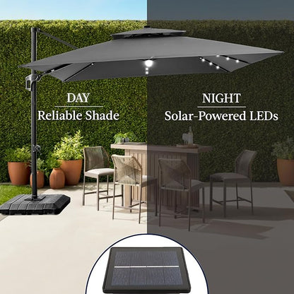 Best Choice Products 9x12ft LED Cantilever Patio Umbrella w/Base Included & 360° Rotation, Large Solar Offset Hanging Outdoor Sun Shade for Deck, Backyard Table w/Stand & Lights – Gray