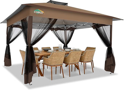 COBIZI 13x13 FT Pop up Gazebo on Clearance - Outdoor pop up Canopy Tent,carpas para Patio, Shelter - Screen Tents with Portable Carry Bag, Patio Gazebos for Camping,Garden,Deck,Backyard,Brown